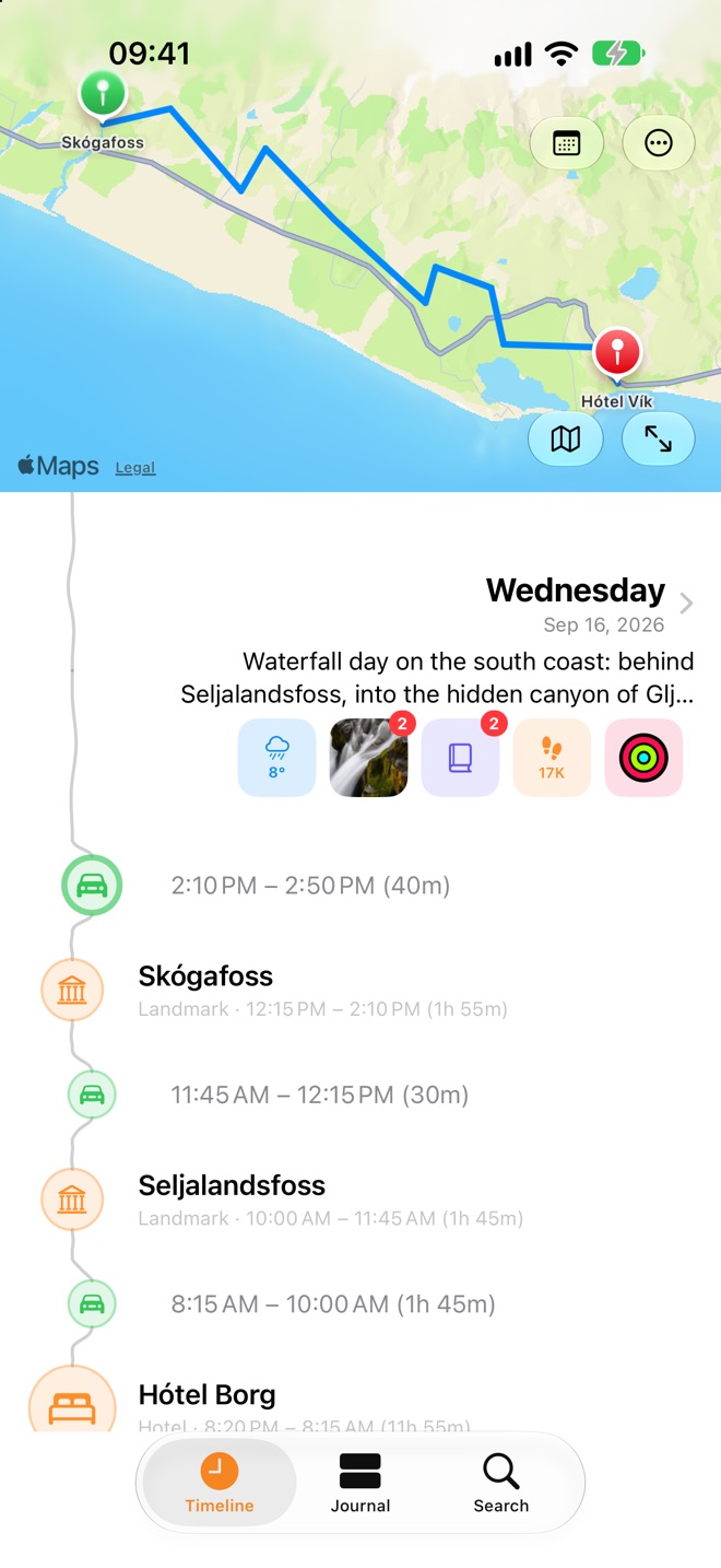 The Timeline for a day in Iceland, with a drive between Skógafoss and Hótel Vík drawn on the map.
