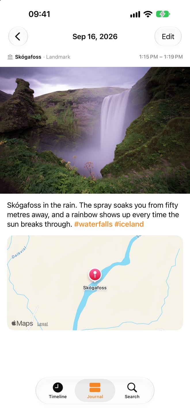 A journal entry about Skógafoss in the rain, with a photo of the waterfall and a map of where it was written.