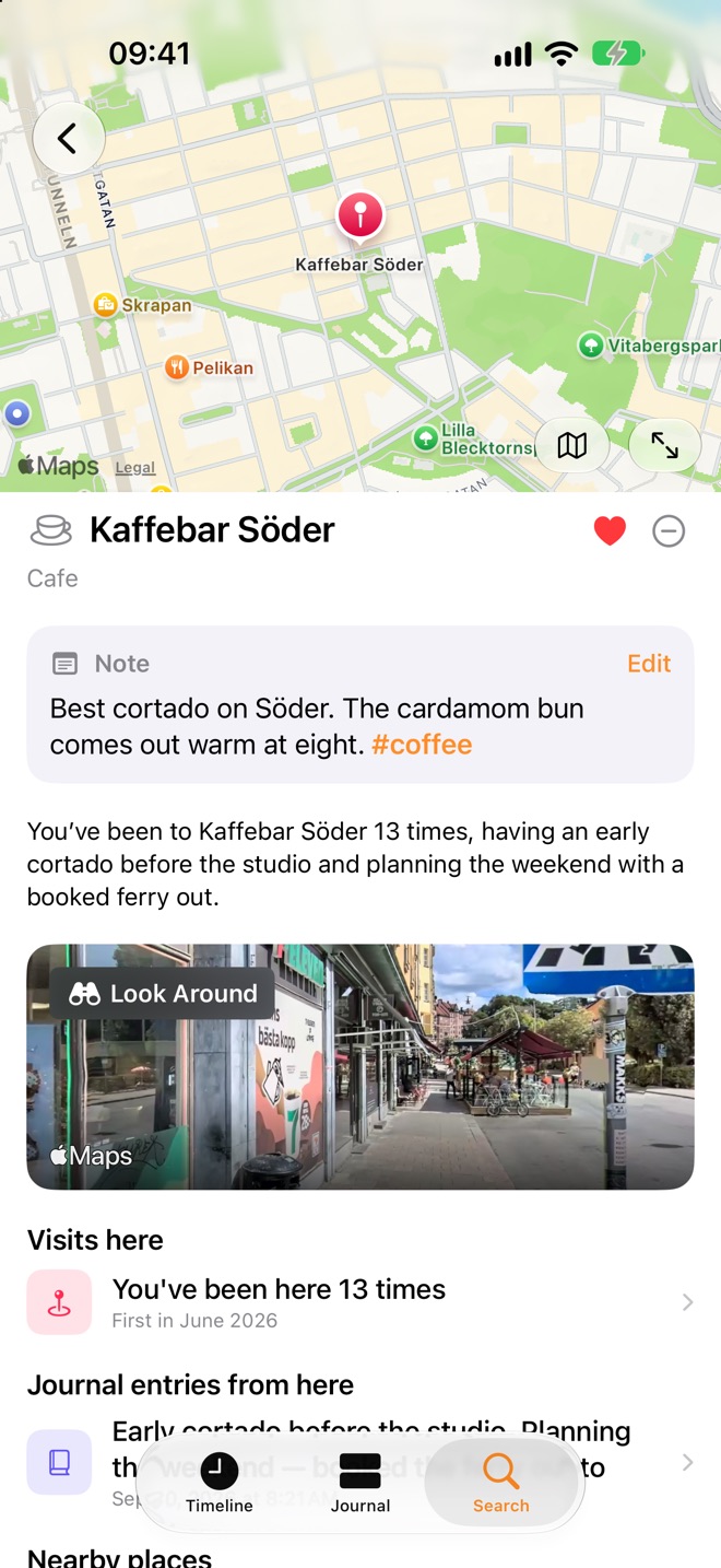 A place page for Kaffebar Söder: a note, 13 visits, a Look Around image and the journal entries written there.